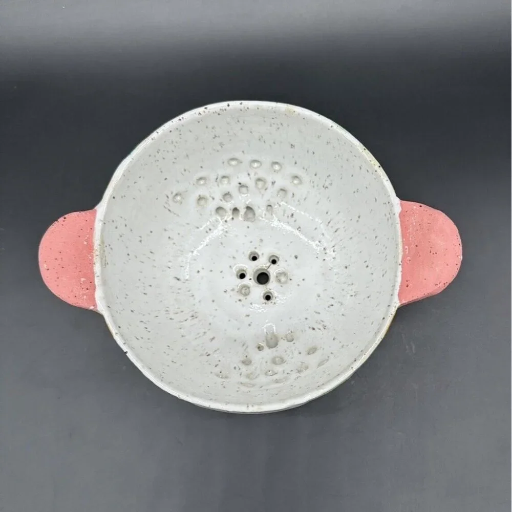 Rainbow Speckled Art Pottery Colander Bowl Storage Display Pink White Matte READ